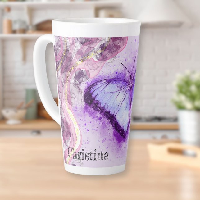 Lila und goldene Schmetterlinge Milchtasse (Purple and Gold Watercolor Butterfly Latte Mug)