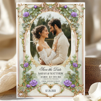 Lila und goldene Vegetation Save the Date mit Foto Einladung