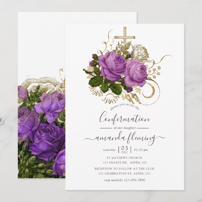 Lila und goldene Vintag-Chic-Blumenbestätigung Einladung (Vorne/Hinten)