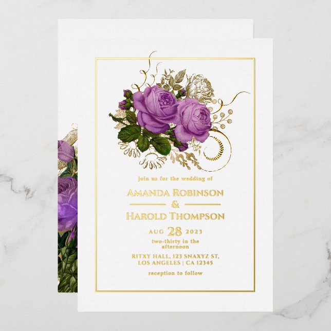 Lila und goldene Vintage Blütenhochzeit im Shabby- Folieneinladung (Vorderseite/Rückseite)