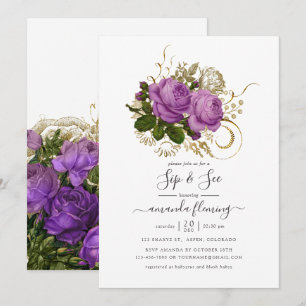 Lila und goldene Vintage Chic Blumensippe und Sieh Einladung