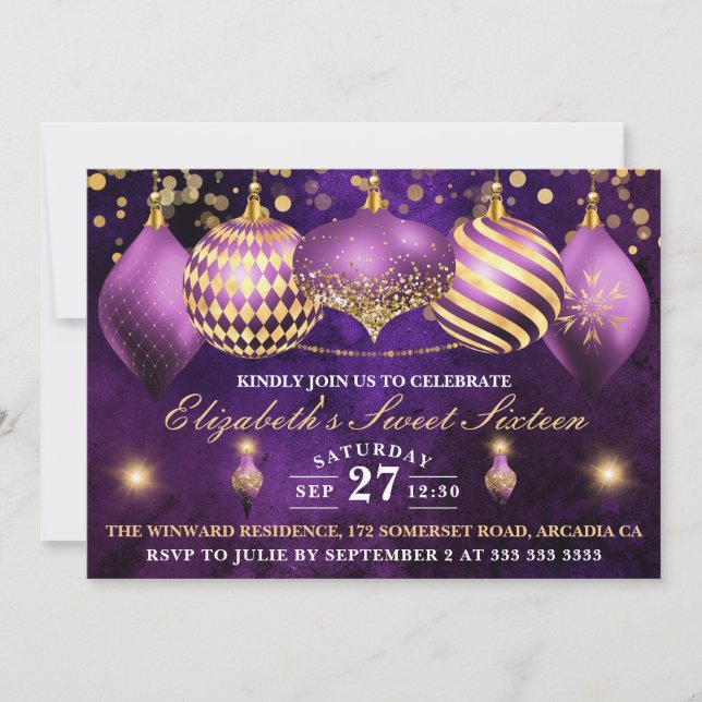 Lila und goldene Weihnachtsbaumwolle Süß 16 Einladung (Vorderseite)