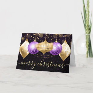 Lila und Goldene Weihnachtskugeln Ornamente Feiertagskarte