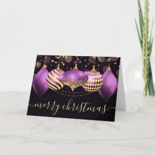Lila und goldene Weihnachtskugeln Ornamente Holida Feiertagskarte
