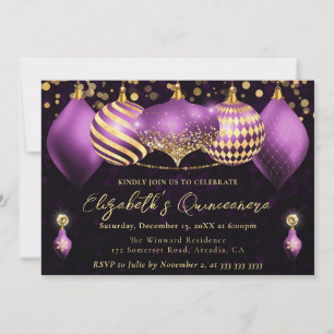 Lila und Goldene Weihnachtskugeln Quinceanera Einladung