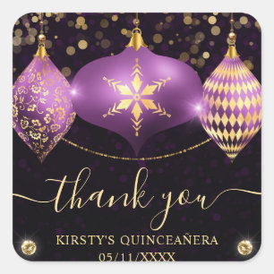 Lila und Goldene Weihnachtskugeln Quinceanera Quadratischer Aufkleber