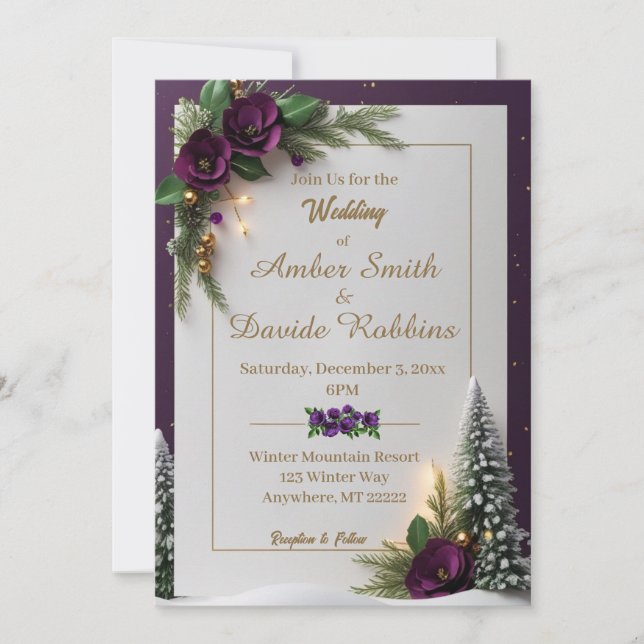 Lila und goldene Winterhochzeit Einladung (Vorderseite)