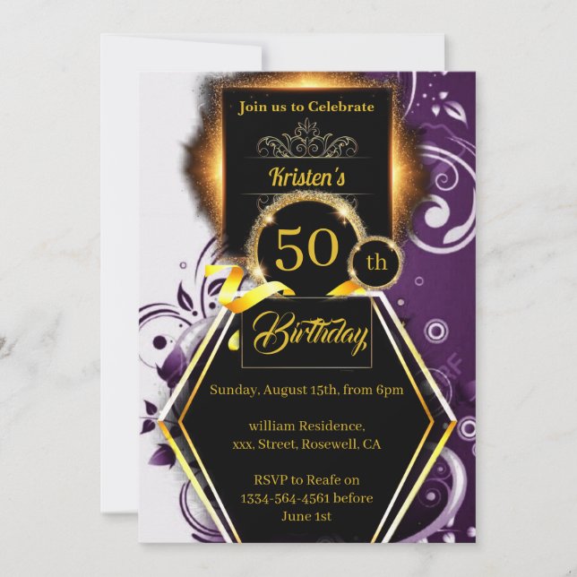 Lila und goldener 50. Geburtstag Einladung (Vorderseite)