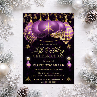 Lila und goldener Glitzer Baubles 21. Geburtstag Einladung