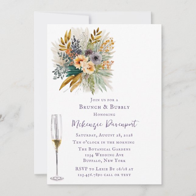 Lila und goldener Peony Brunch und Bubbly Einladung (Vorderseite)
