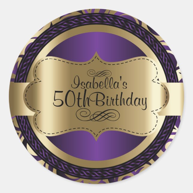 Lila und goldener Swirl Abstrakter Geburtstag Runder Aufkleber (Vorderseite)
