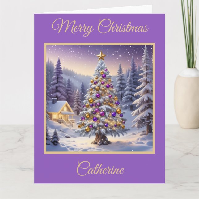 Lila und goldener Weihnachtsbaum im Winterwald Karte (Vorderseite)