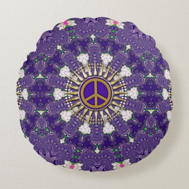Lila und goldenes Friedenszeichen Mandala Rundes Kissen (Vorderseite)