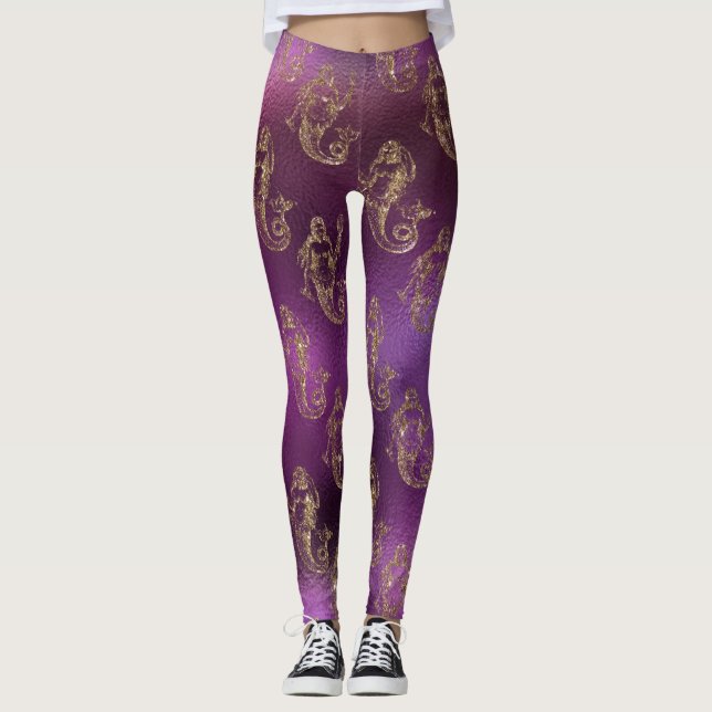 Lila und goldenes Meerjungmuster Leggings (Vorderseite)