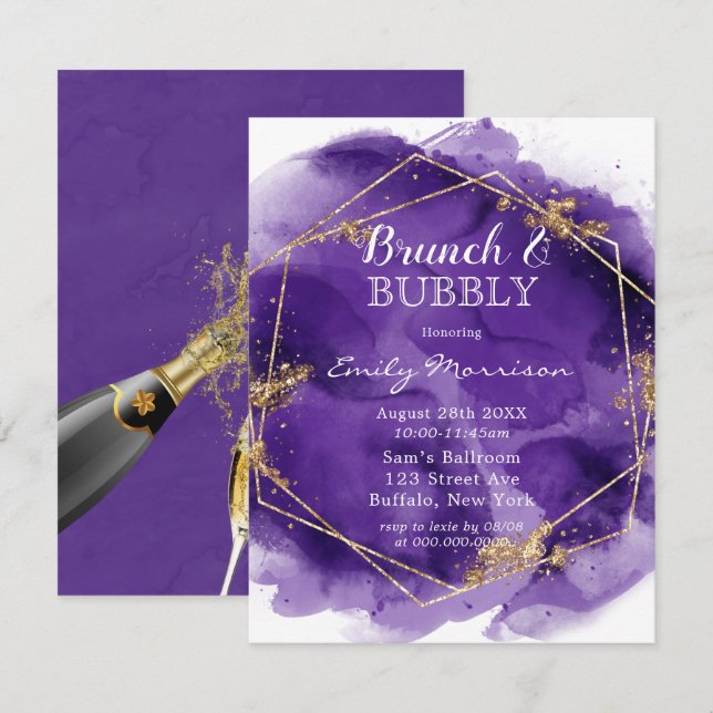 Lila und goldfarbene Brunch & Bubbly Einladung (Vorne/Hinten)