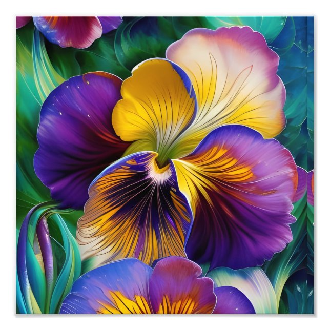 Lila und goldfarbene Pansy-blaugrüne Blätter Fotodruck (Vorne)