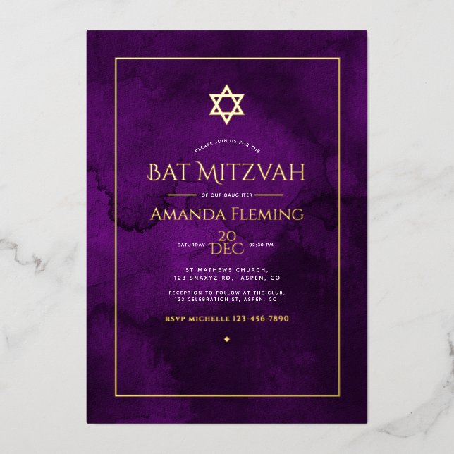 Lila und goldfarbenes Bat Mitzvah-Foto Folieneinladung (Vorderseite)