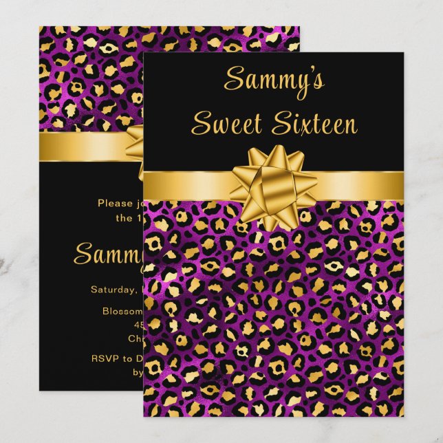 Lila und Goldleopard Print 16 . Geburtstag Einladung (Vorne/Hinten)