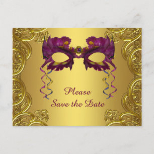 Lila und Goldmasquerade-Party Save the Date Ankündigungspostkarte