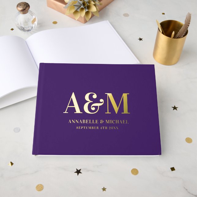 LILA UND GOLDMONOGRAMM MINIMALISTISCHE WEDD GÄSTEBUCH (Vorderseite offen)