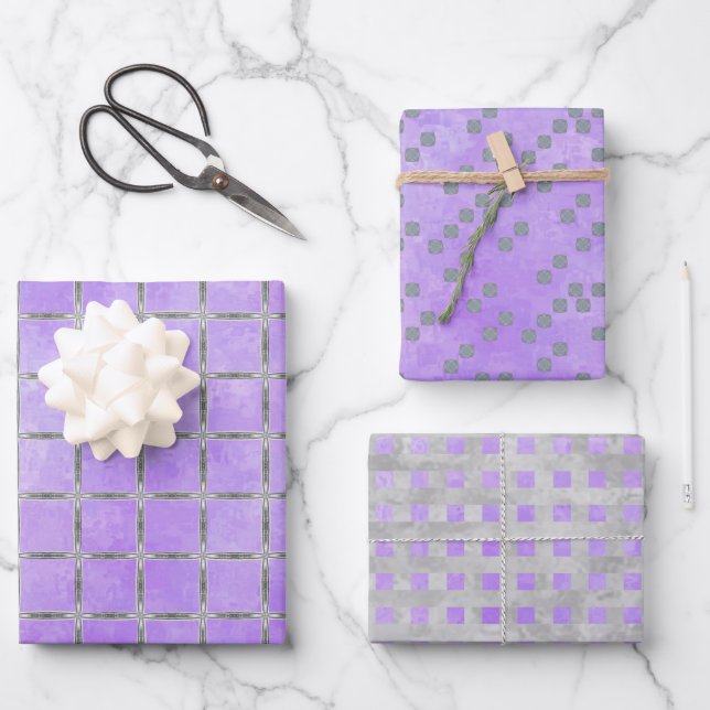 Lila und grau geometrisch geschenkpapier set (Vorderseite)