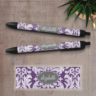 Lila und Grau Vintage-Damaskmuster-Monogramm Kugelschreiber