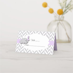 Lila und graue Elephant-Babydusche Platzkarte