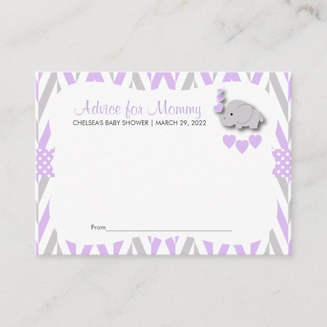 Lila und graue Elephant Babydusche Sm - Beratung Hinweiskarte (Vorderseite)