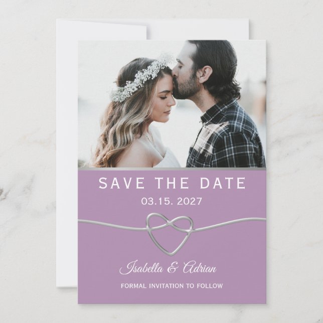 Lila und graue Foto-Hochzeit Save The Date (Vorderseite)