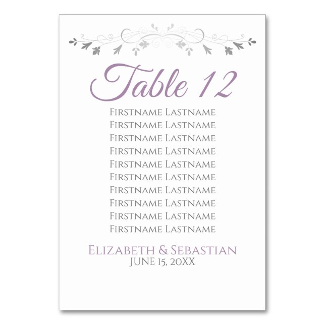 Lila und graue Hochzeitssitzkarte für Tischnummern (Rückseite)