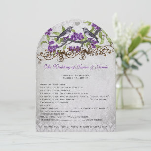 Lila und graue Vintage-Vögel Damast-Hochzeitseinla Einladung