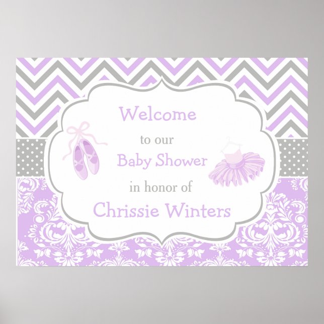 Lila und graue Zickzack Ballerina Babydusche Poster (Vorne)
