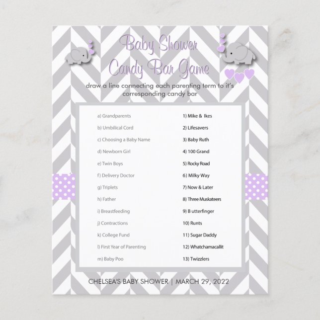 Lila und graues Elephant Baby Shower Game Flyer (Vorne)