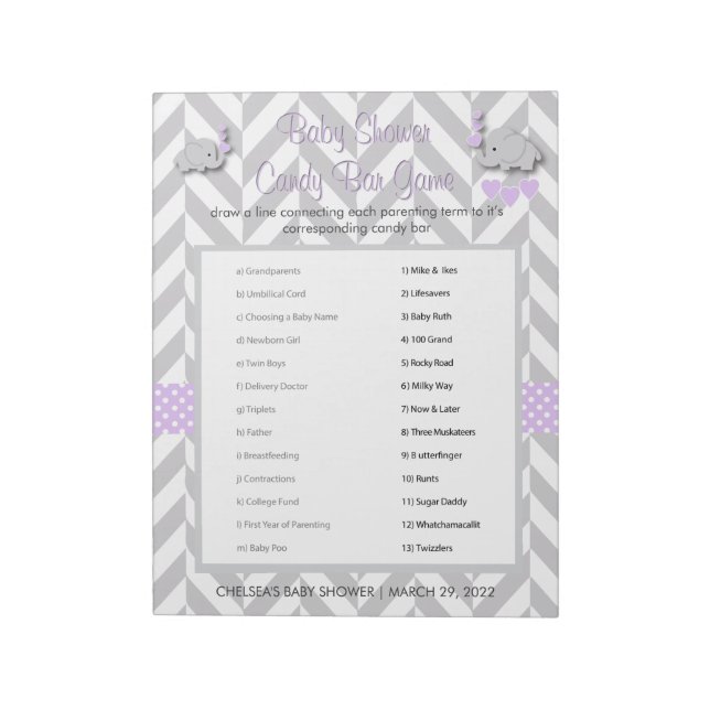 Lila und graues Elephant Baby Shower Game Notizblock (Rotiert)