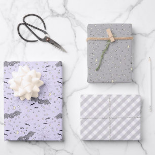 Lila und graues Halloween-Bat, Moon & Gingham Geschenkpapier Set