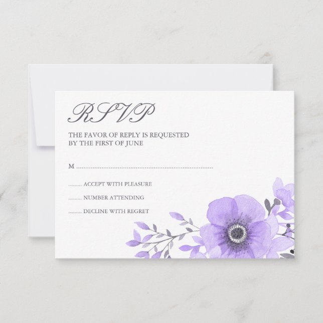 Lila und graufarbene Blumenhochzeit RSVP Karte (Vorderseite)