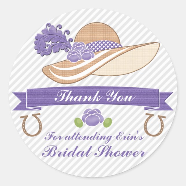LILA UND GRAY DERBY THEMED SHOWER DANKE RUNDER AUFKLEBER (Vorderseite)