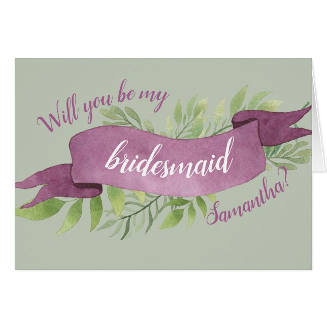 Lila und grüne Aquarellfarben Blätter Bridesmaid (Vorderseite (Horizontal))