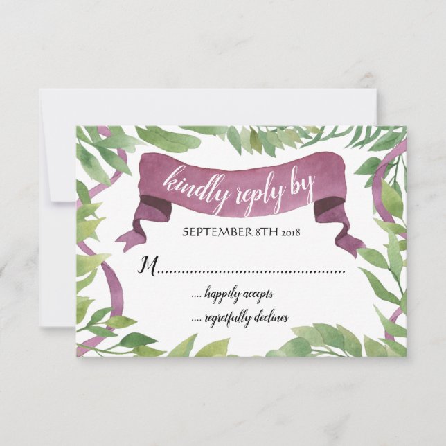 Lila und grüne Aquarellfarben - RSVP-Blätter RSVP Karte (Vorderseite)