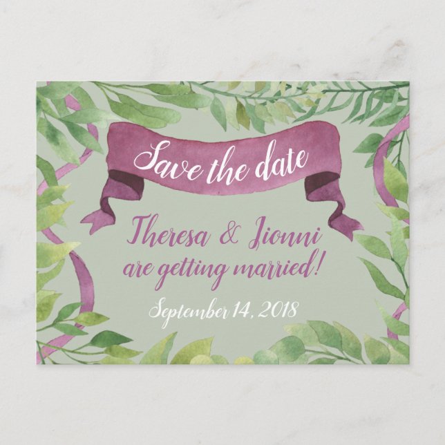 Lila und grüne Aquarellfarben - Save the Date Ankündigungspostkarte (Vorderseite)