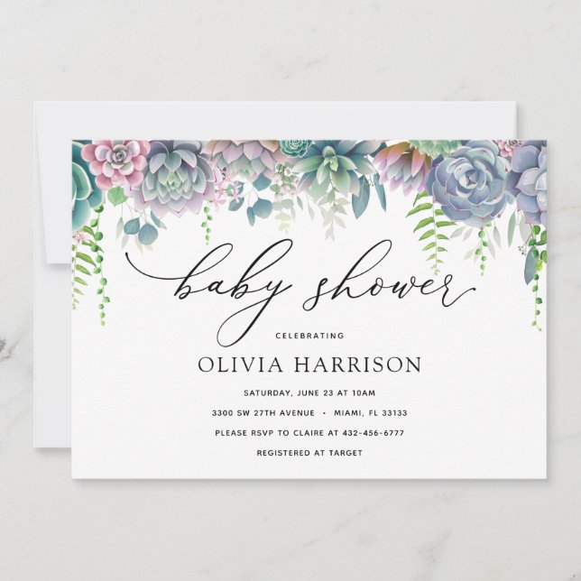 Lila und grüne Babydusche Einladung (Vorderseite)