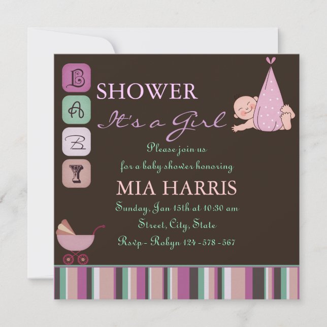 Lila und grüne Design Baby Dusche laden ein Einladung (Vorderseite)