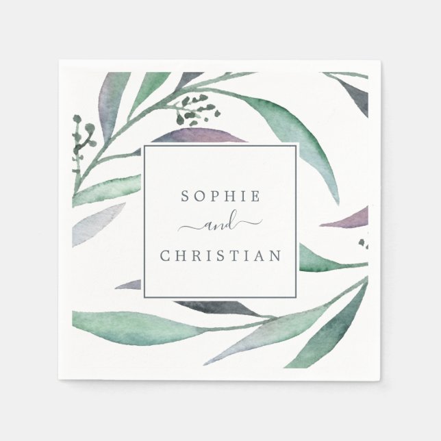 Lila und grüne Eukalyptus-Hochzeit Serviette (Vorderseite)
