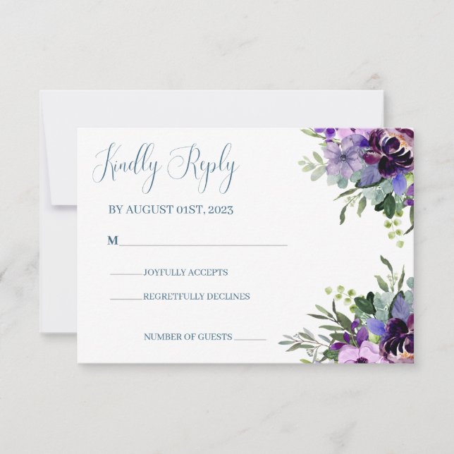 Lila und grüne Hochzeit mit floralen Wasserfarben RSVP Karte (Vorderseite)