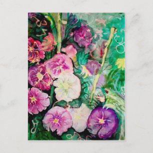 Lila und grüne Hollyhocks Aquarellmalerei Postkarte