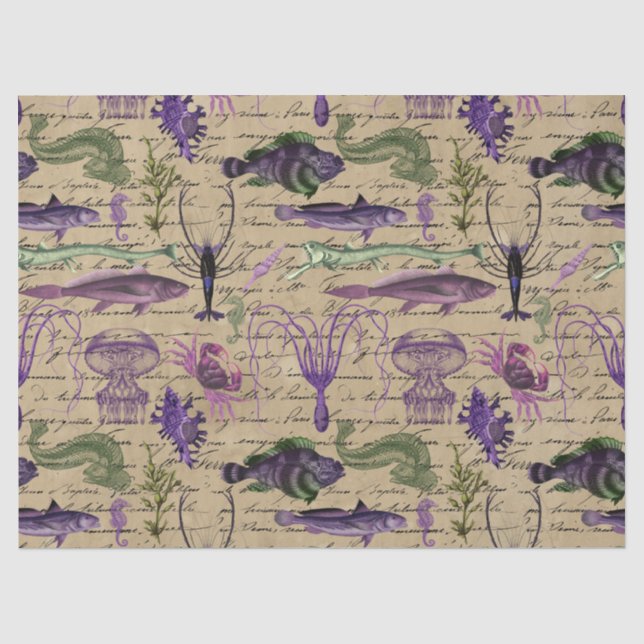 Lila und grüne Meereslebewesen auf Tan-Decoupage Seidenpapier (Vorderseite)