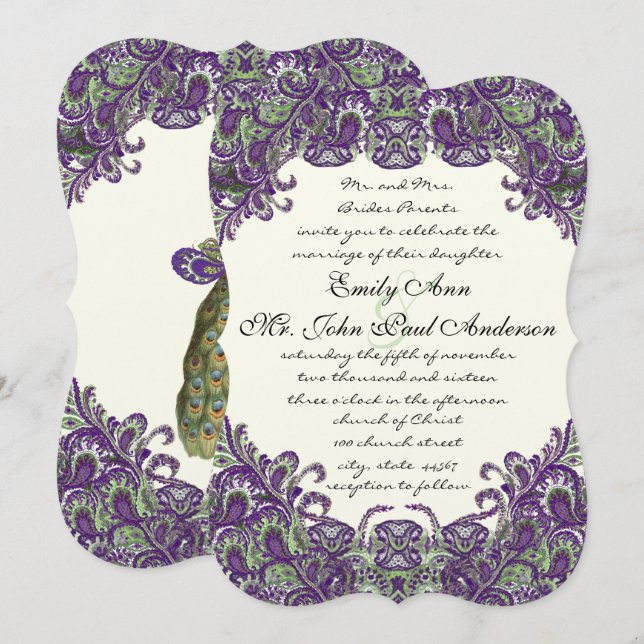 Lila und grüne Pfauenhochzeit Einladungen für Elfe (Vorne/Hinten)