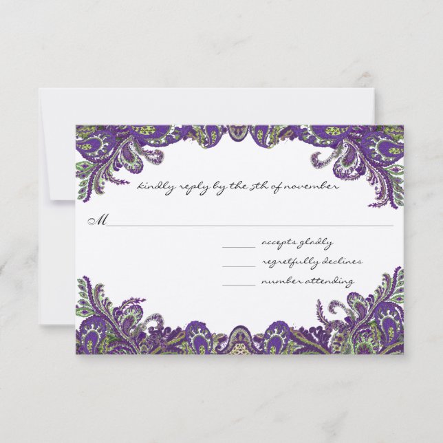 Lila und grüne Pfauenhochzeiten RSVP Karte (Vorderseite)