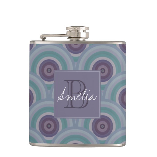 Lila und grüne Retro-Kreise Muster Monogramm Flachmann (Vorderseite)