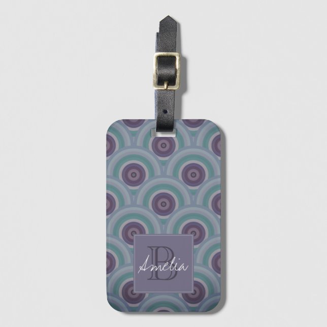 Lila und grüne Retro-Kreise Muster Monogramm Gepäckanhänger (Vorderseite Vertikal)